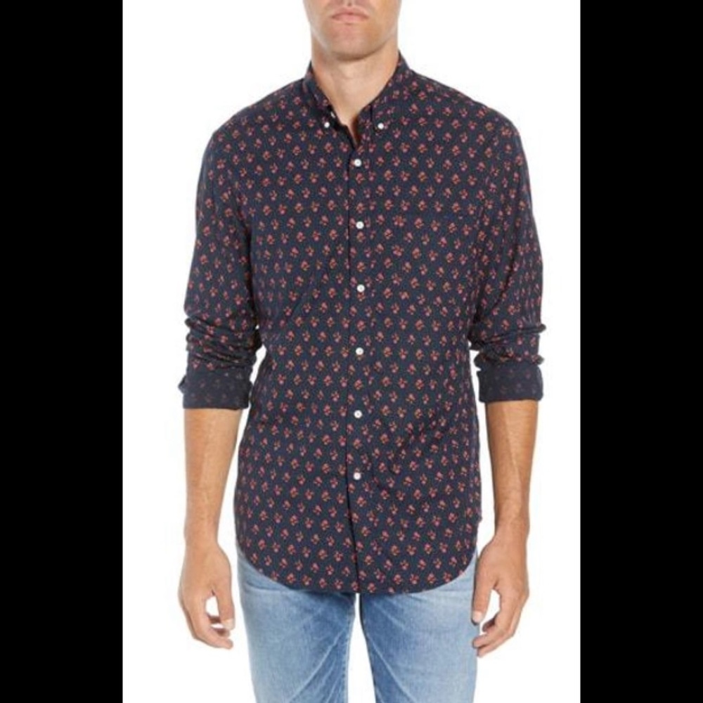 J CREW Slim Stretch Secret Wash Floral‎ Sport Shirt In Navy